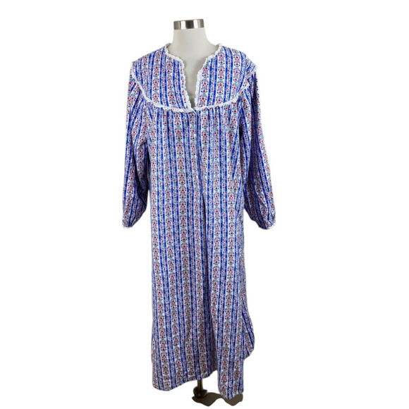 Lanz of Salzburg Lace Trim Flannel Nightgown L Blue Red Heart Button Cottagecore - Picture 1 of 4